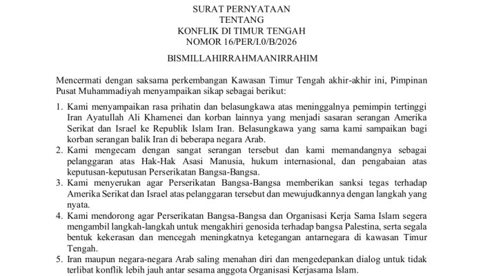 Muhammadiyah Kecam Serangan AS–Israel ke Iran, Desak PBB Beri Sanksi Tegas